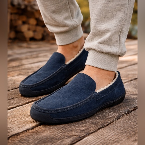 UGG Other - UGG Men’s Suede Loafer Slippers Navy Blue Shearling Lined Size 12